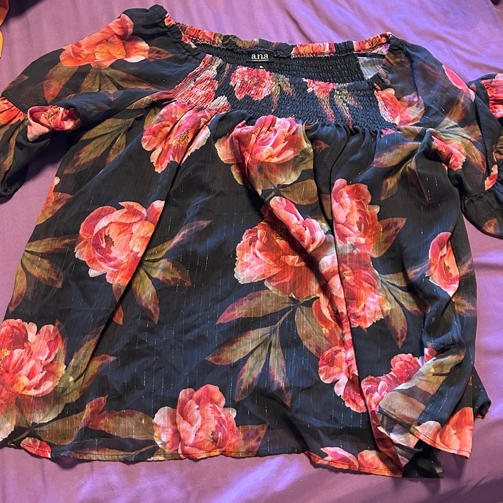 a.n.a Black Floral Off-Shoulder Blouse with Pink Roses